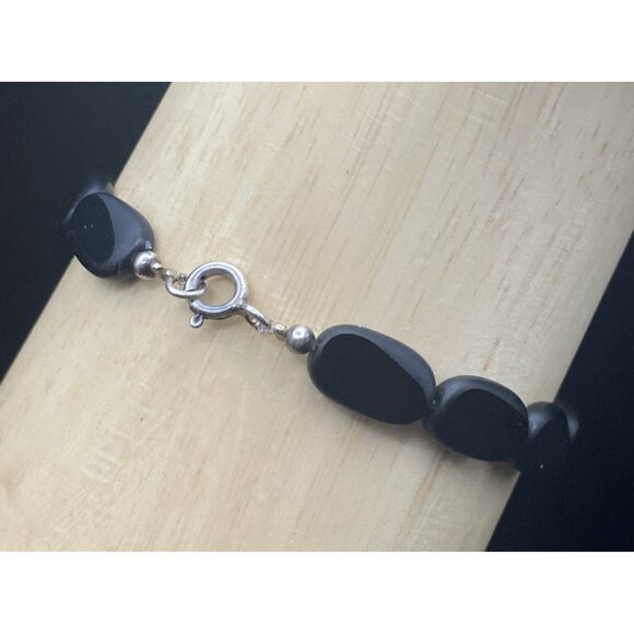 Vtg Black Onyx Bracelet Flat Bevel Bead Tests Sterling Silver Spring Ring 7.5 in - Picture 4 of 8